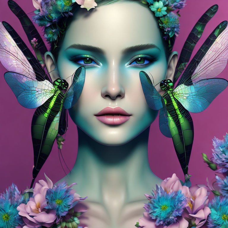 Vibrant digital portrait of a woman with dragonfly wings and flowers