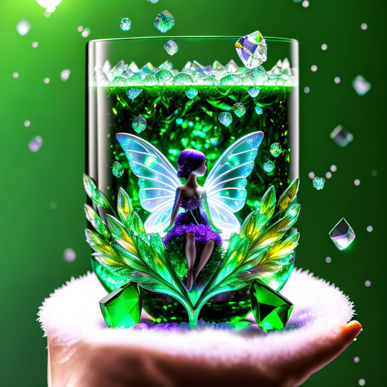 Fantasy-themed image of winged fairy in glass with crystals and greenery on green backdrop