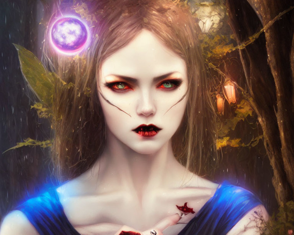 Mystical woman with red eyes, cracked skin, holding a rose, and glowing purple orb in