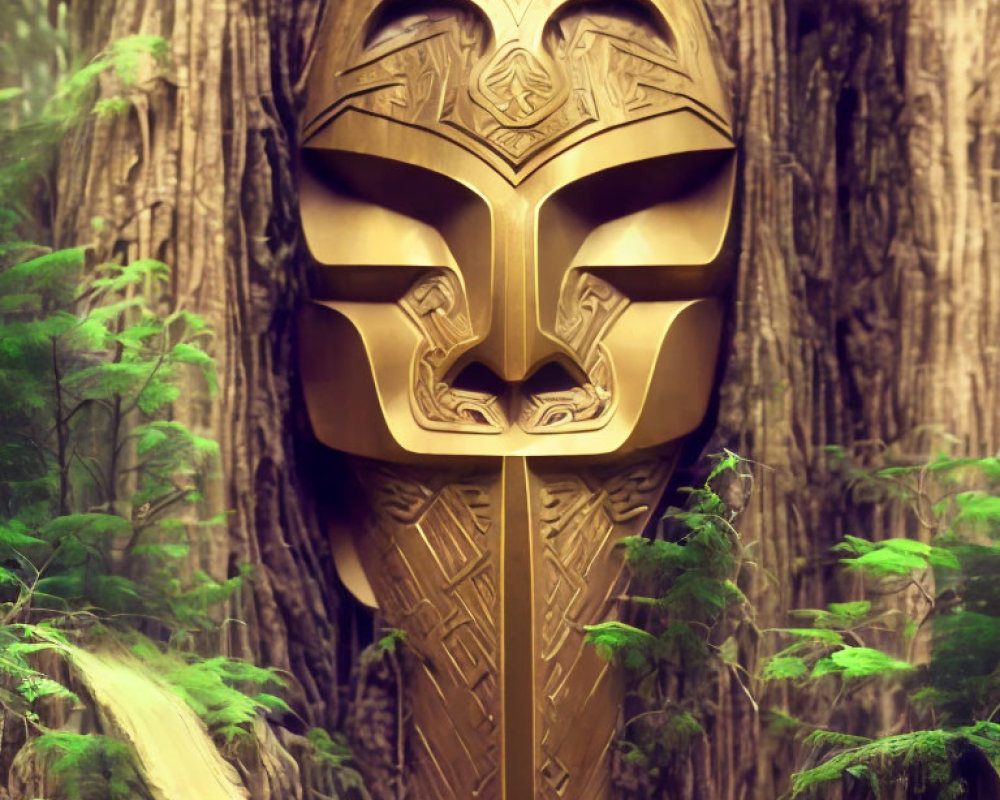 Golden tribal mask in misty forest with lush green foliage