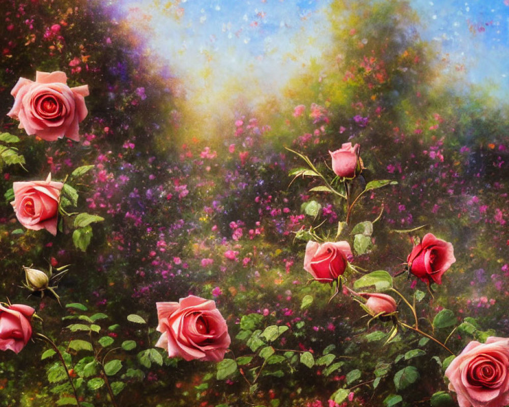 Colorful Artwork of Pink Roses in Dreamy Garden Setting