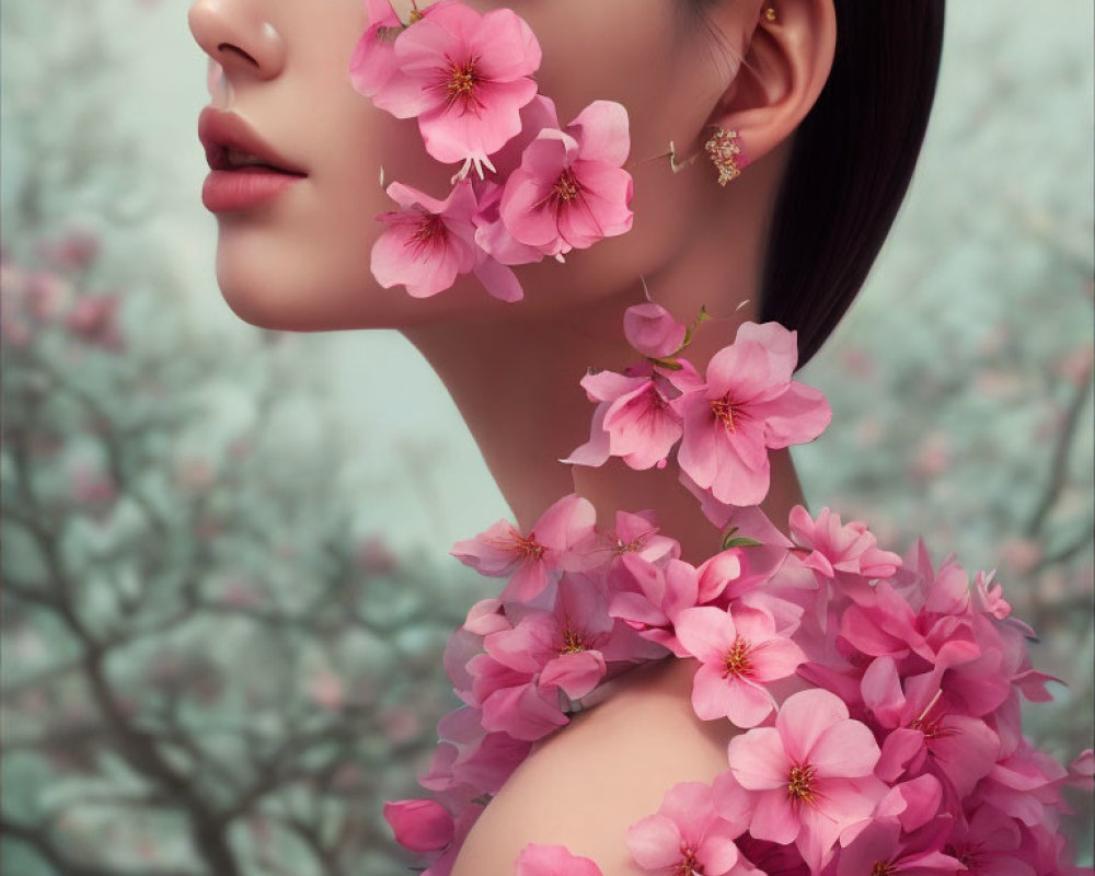 Portrait of person with pink blossoms on face and shoulder against floral backdrop