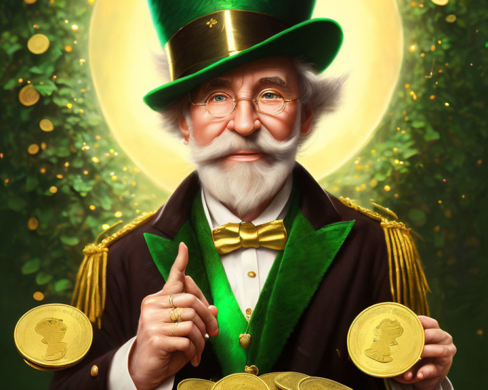 Elderly man in green top hat with coins and magical glow