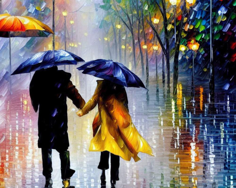 Couple with umbrellas strolling on vibrant city street in rain