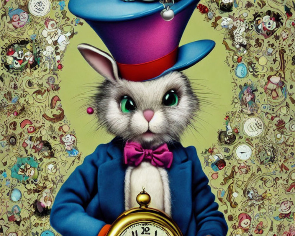 Colorful anthropomorphic rabbit with pocket watch and clocks.