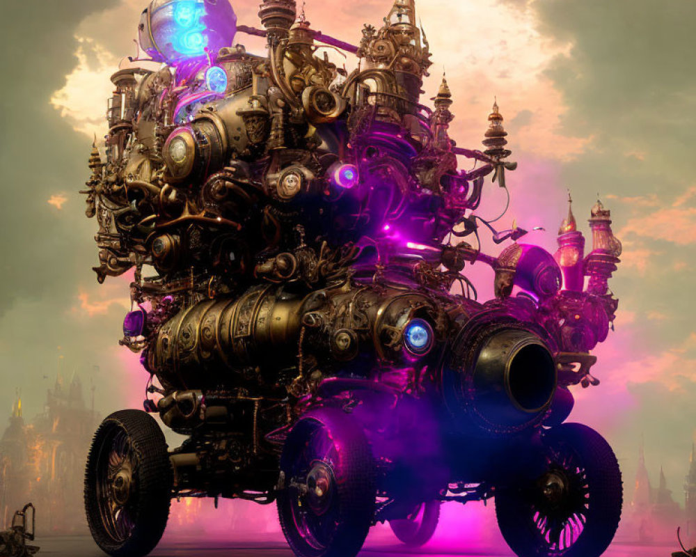 Intricate steampunk-style vehicle with glowing purple lights in front of a dusk-lit city