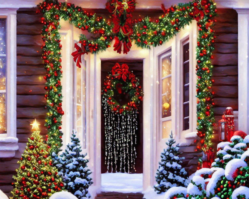 Festive Christmas decorations on snow-covered doorway