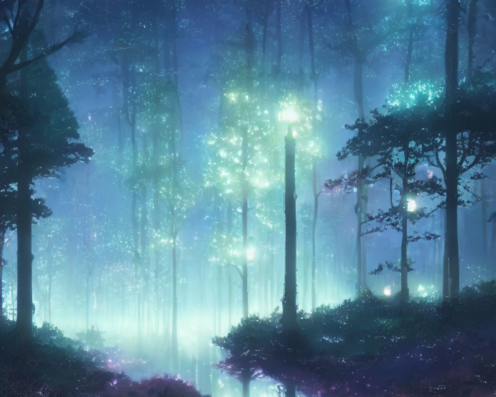 Enchanting forest with ethereal blue light and bioluminescent flora