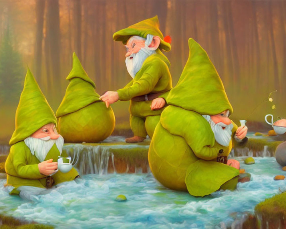 Four Friendly Gnomes in Forest: Two Sitting, One Standing, One Pouring Tea