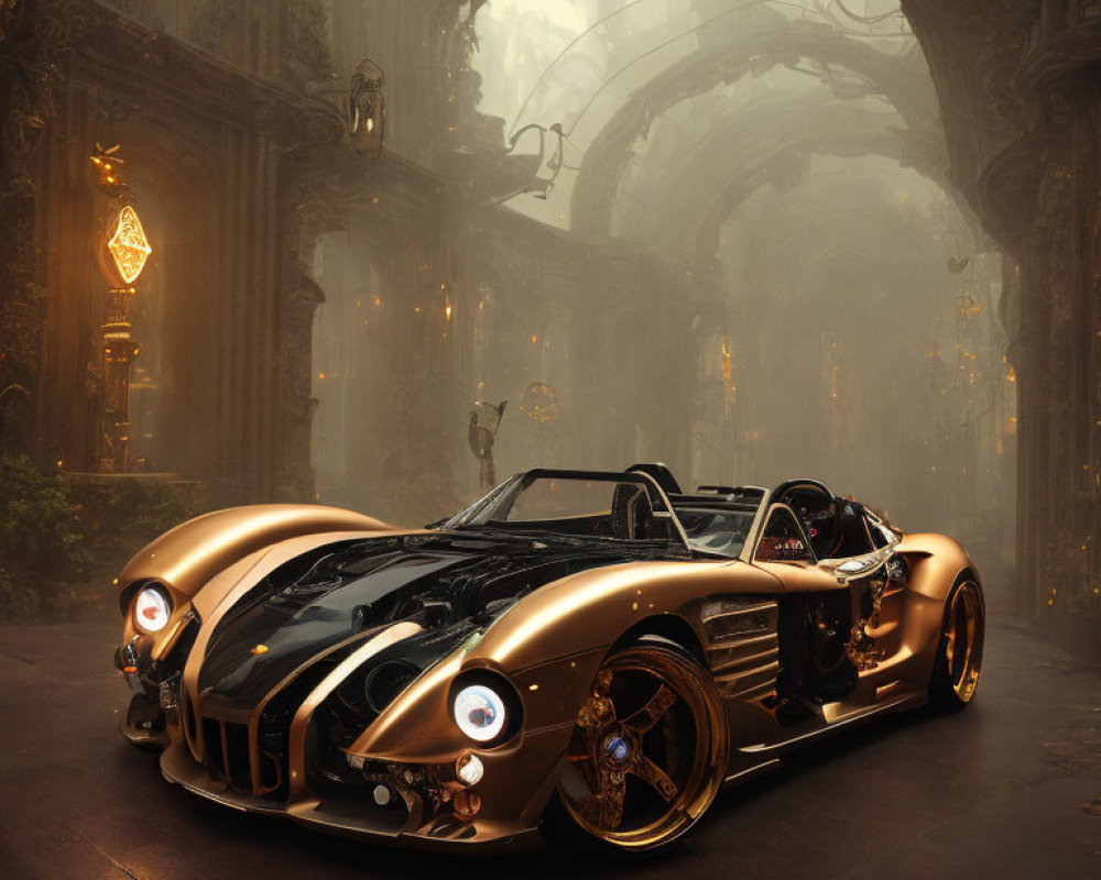 Luxurious Golden and Black Sports Car in Ornate Gothic Hall