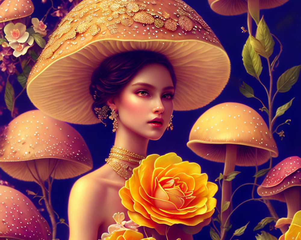 Surreal portrait of woman with mushroom cap and roses