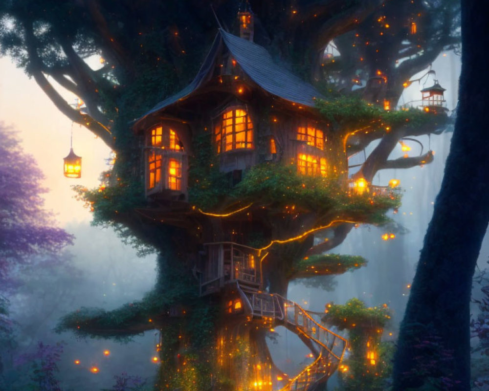 Magical treehouse with glowing lanterns in misty forest at twilight