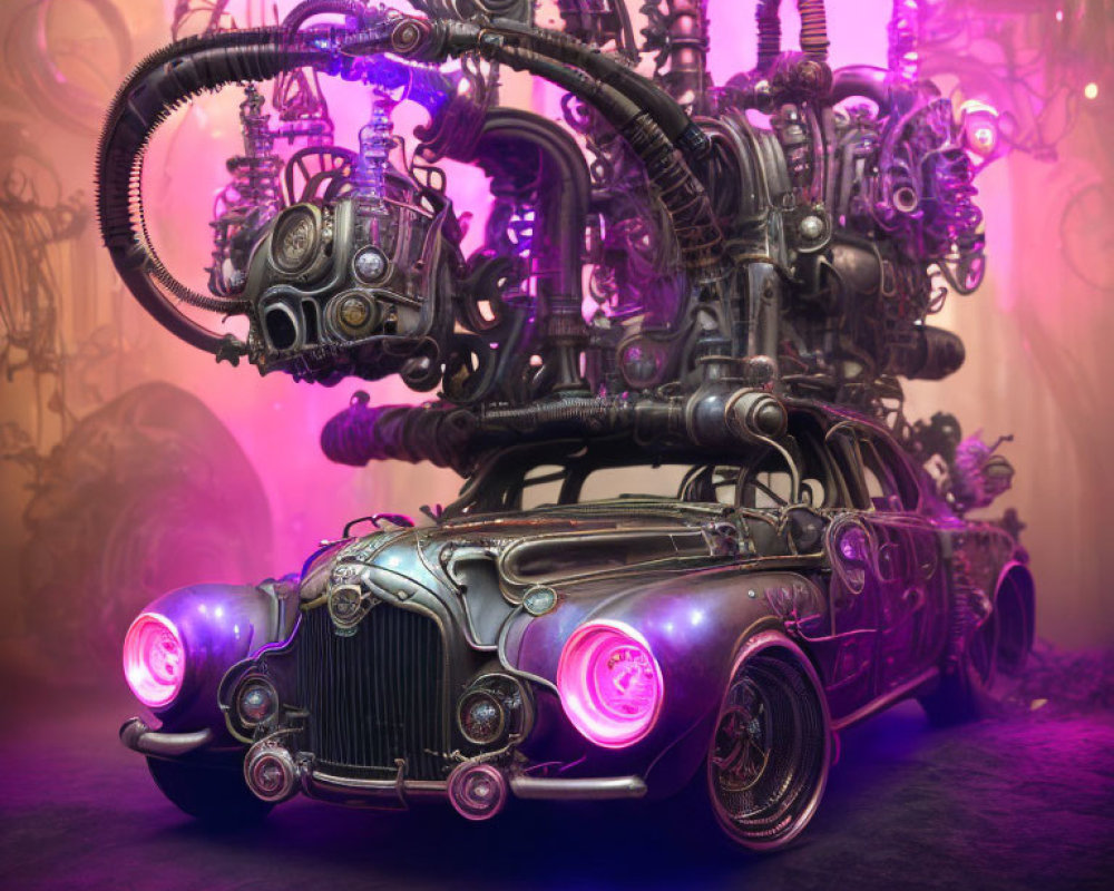 Vintage car with steampunk modifications and purple lights in misty setting