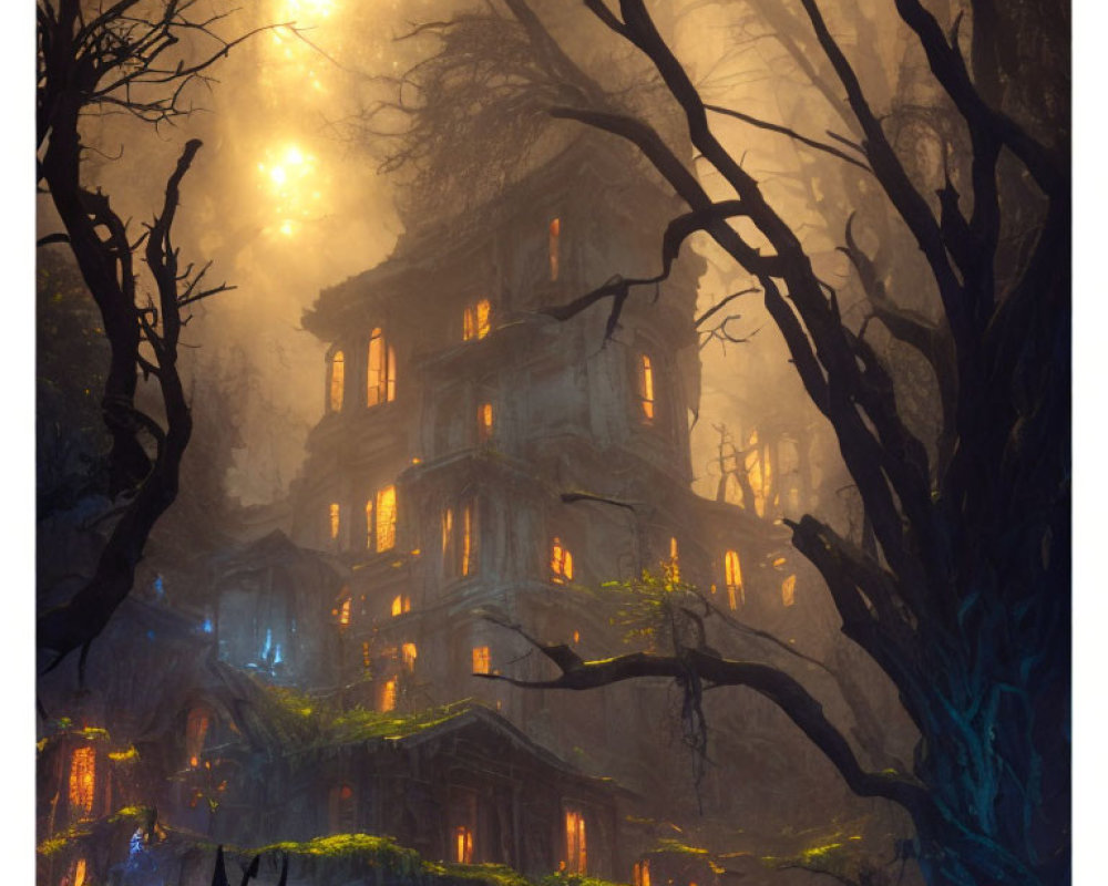 Eerie ancient building in misty forest with warm glow