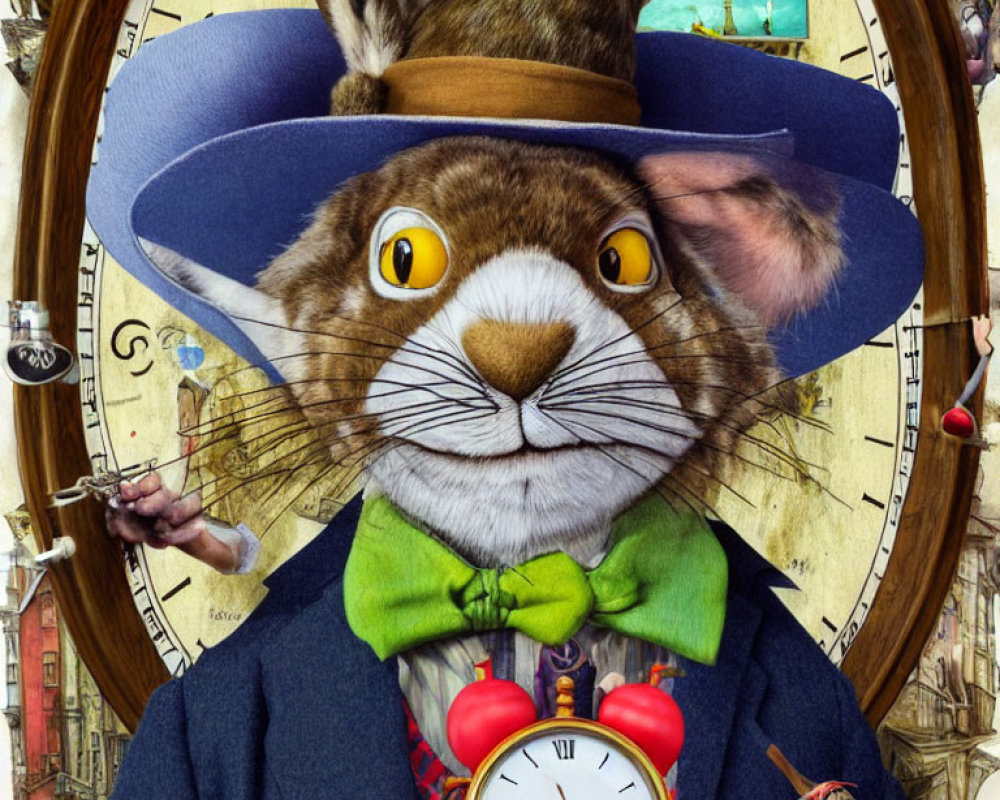 Formal Attire Rabbit with Pocket Watch in Surreal Clock Background