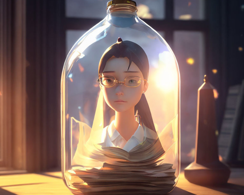 Digital artwork: Young woman in glasses trapped in glass bottle surrounded by papers with sunlight through window