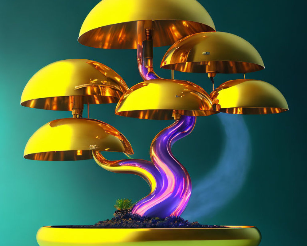 Golden whimsical tree with glowing mushroom canopies on curved base emitting purple light and mist