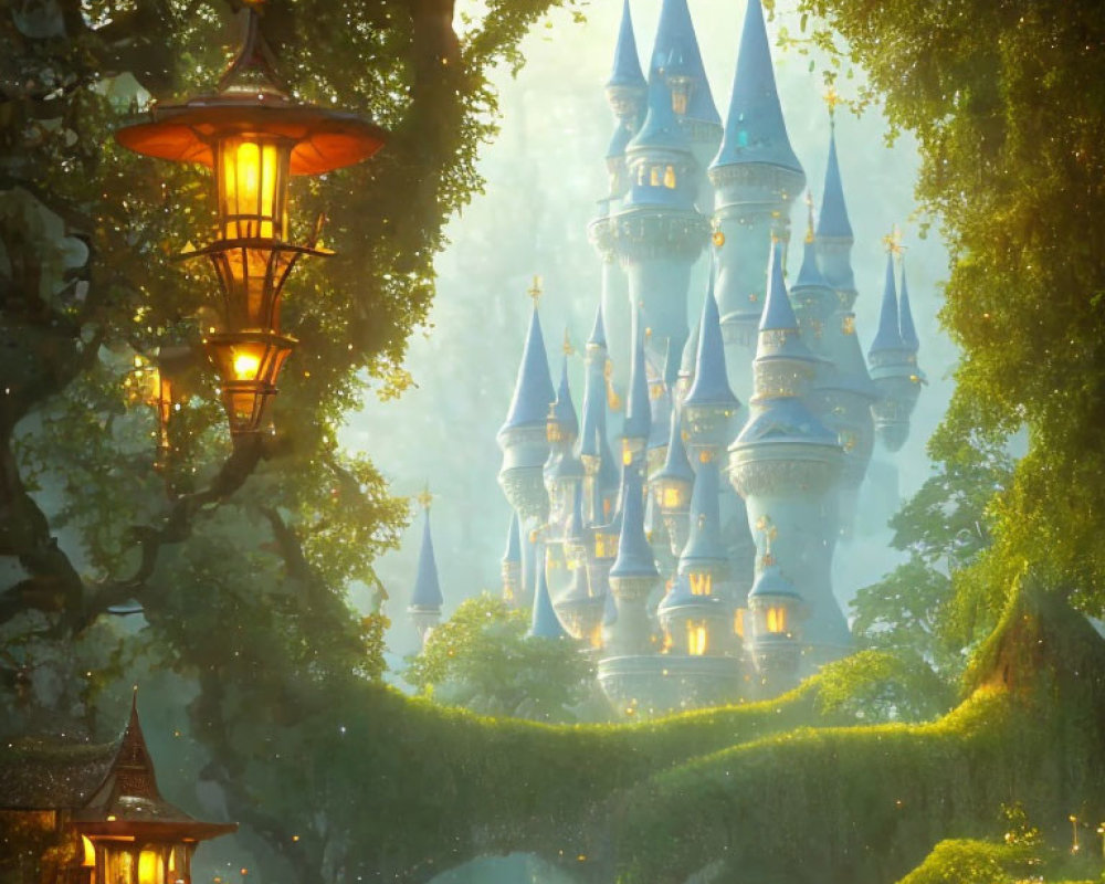 Fairytale castle in lush greenery with glowing lamp post