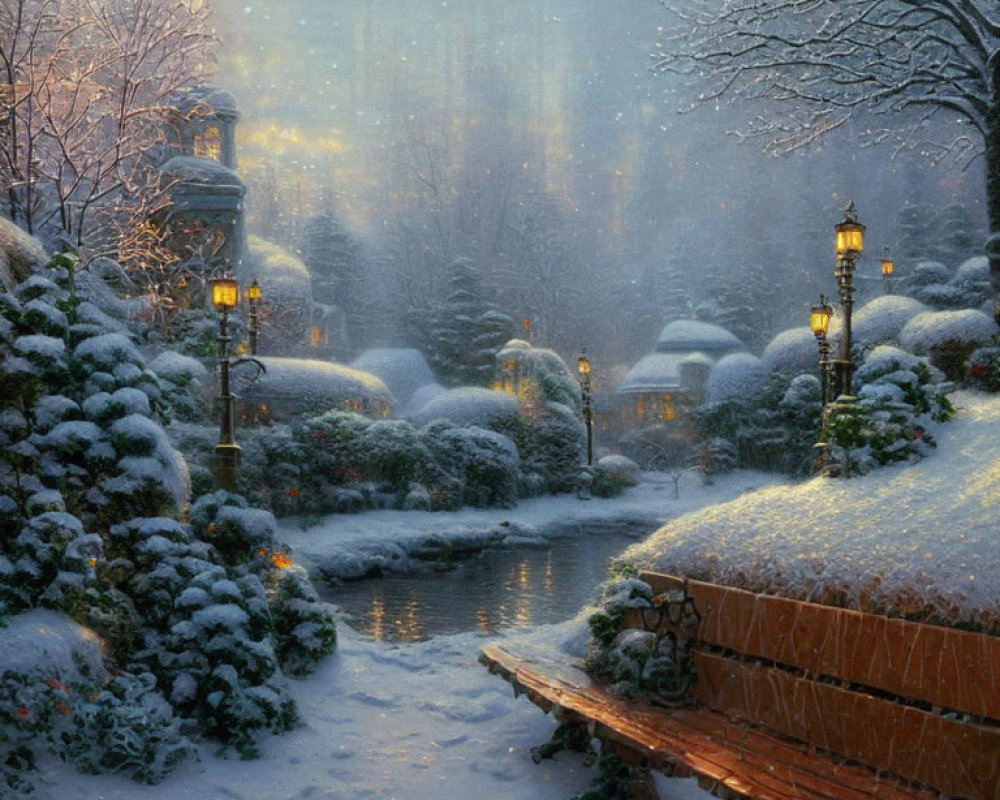 Snow-covered trees and wooden bridge in serene winter scene