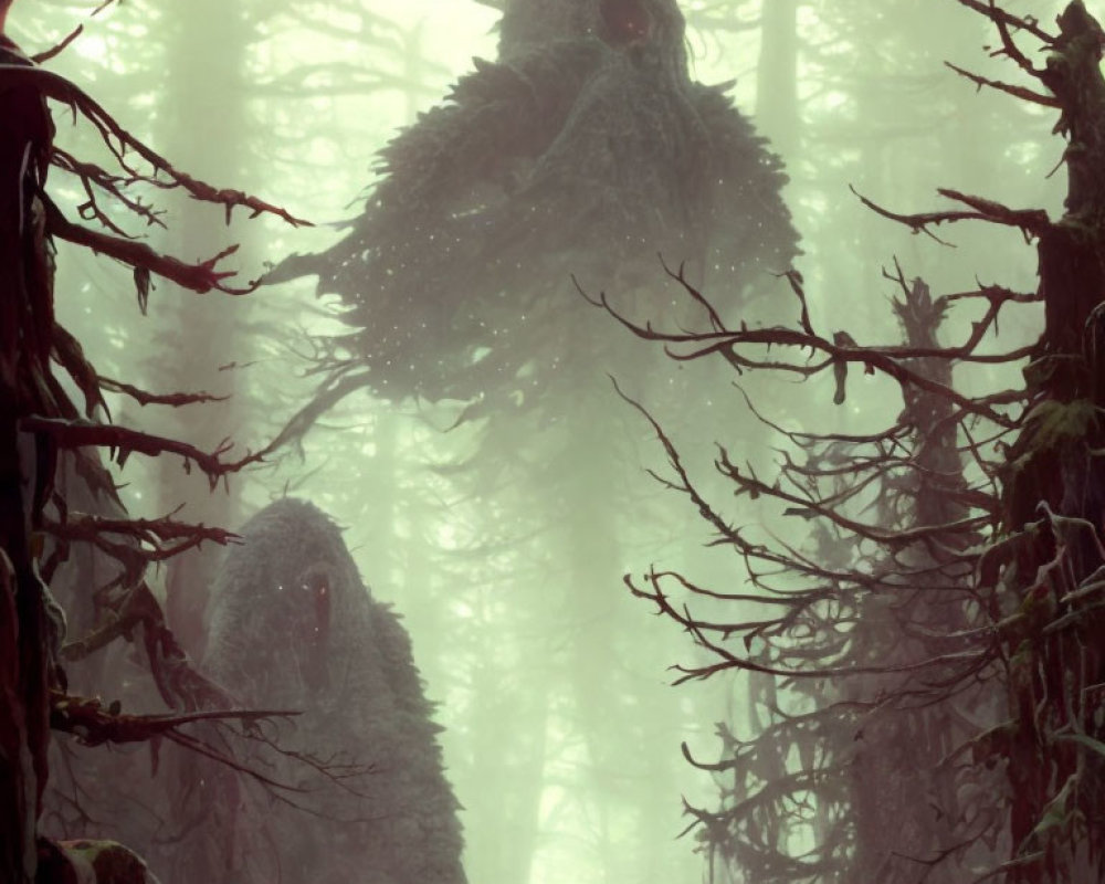 Ethereal misty forest with creature-like figures and mysterious ambiance