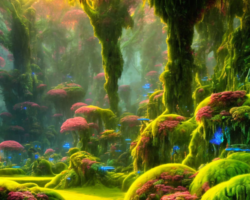 Enchanting forest with moss-covered trees and vibrant pink flora