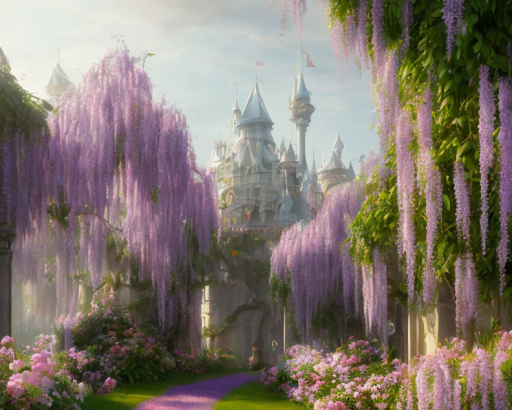 Enchanting fairytale castle in lush greenery with wisteria blooms