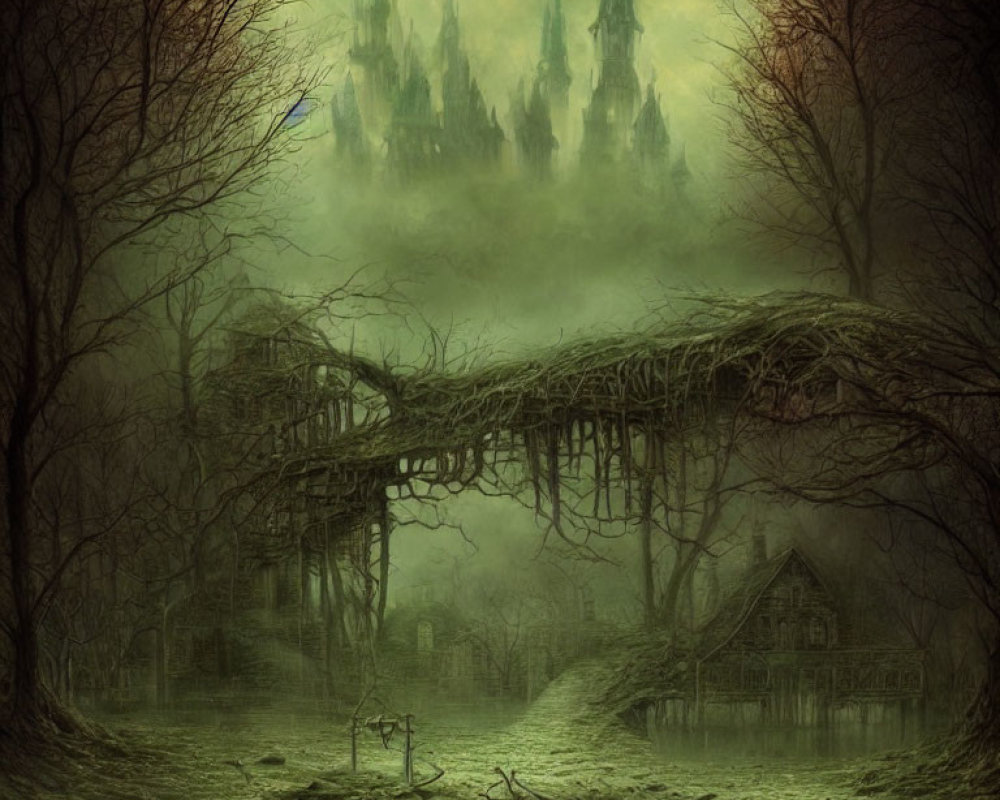 Gothic landscape with decrepit bridge, bare trees, fog, and distant castle