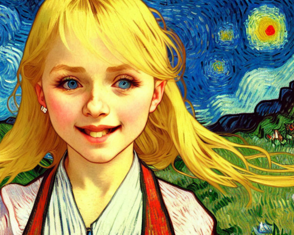 Blonde Girl Portrait with Van Gogh Style Background