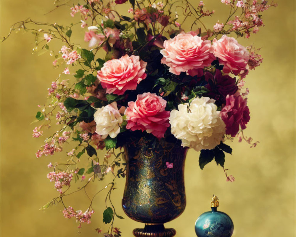 Pink and White Rose Bouquet in Ornate Vase on Wooden Surface