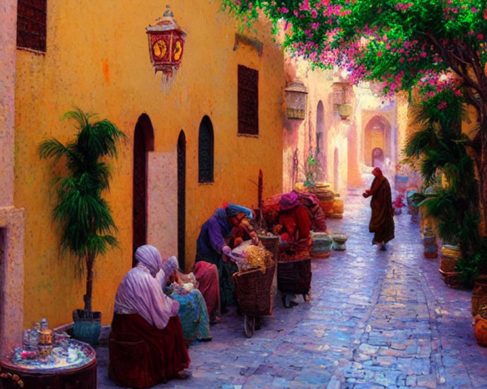 Vibrant alley scene with cobbled path, blooming trees, and people in traditional attire.