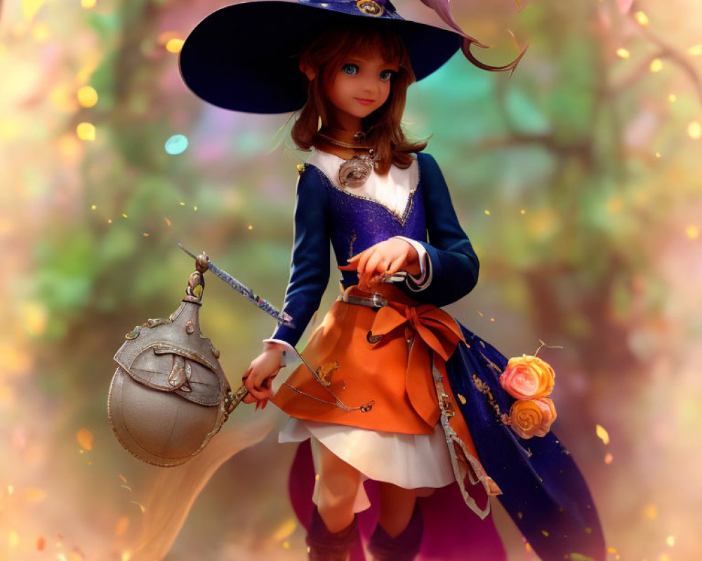 Witch doll in blue and purple outfit with broom on colorful background