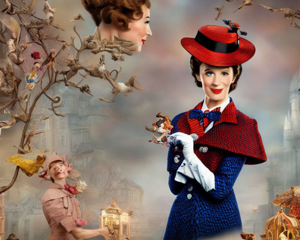 Colorful artwork featuring woman in red hat and blue coat, surrounded by animals and flying birds.