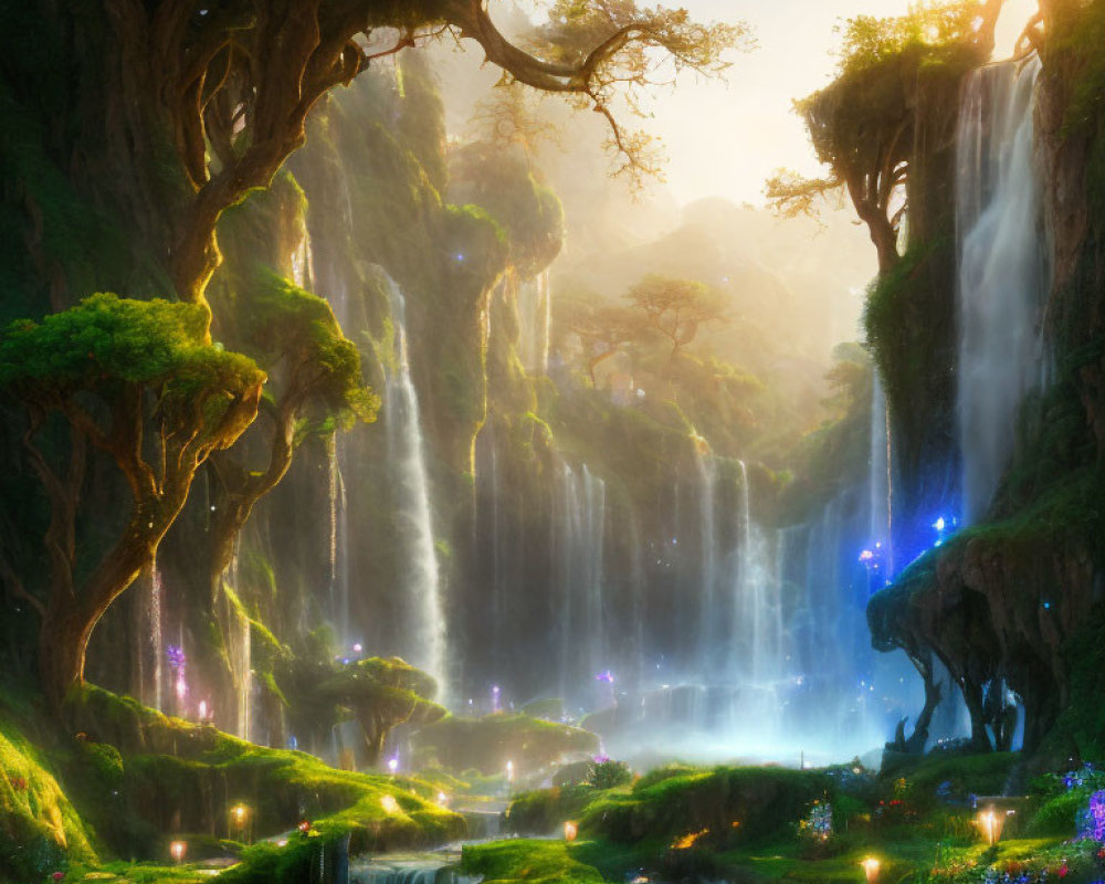 Enchanting forest with waterfalls, glowing flowers, and serene river