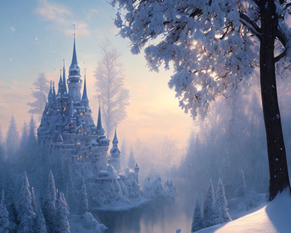 Snowy Twilight Landscape with Majestic Castle and Reflections