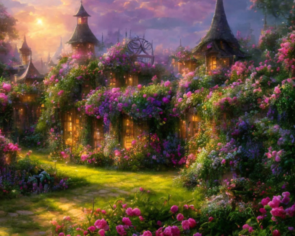 Charming sunset scene of enchanted cottages in flower-filled landscape