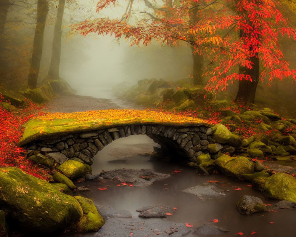 Misty forest scene with stone bridge over calm stream