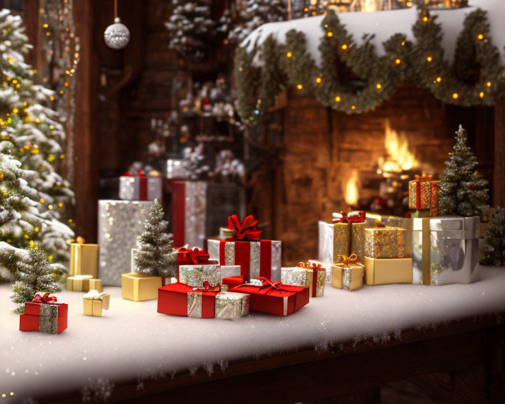 Festive Christmas scene with fireplace, gifts, and decorations