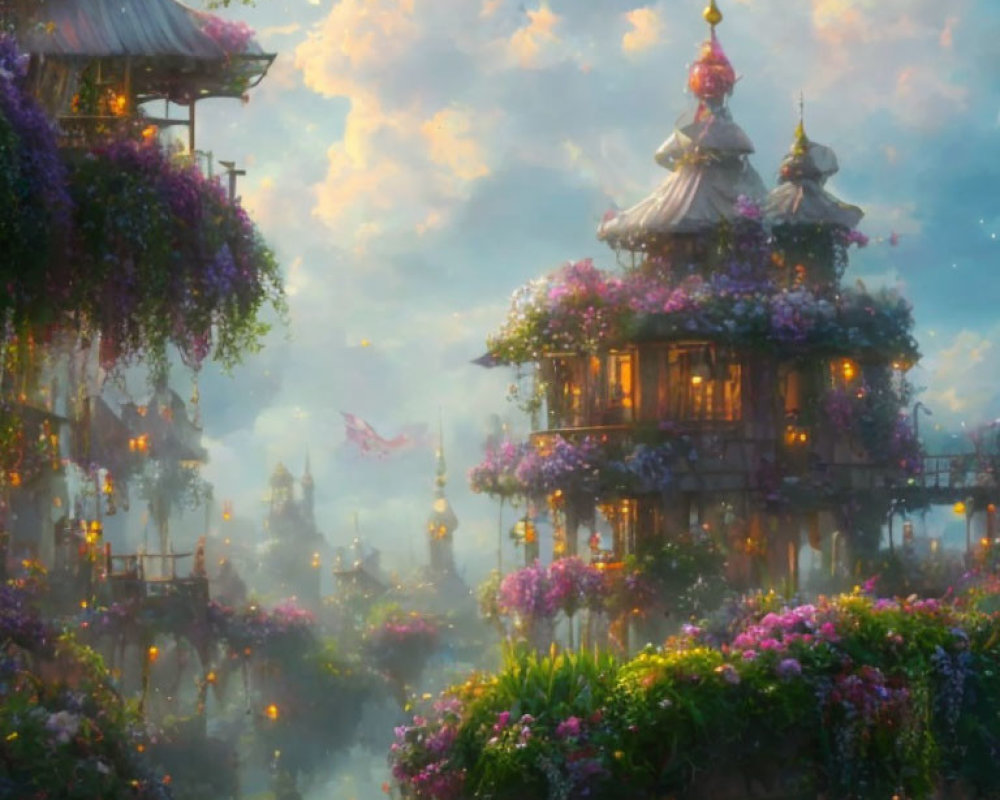 Fantasy village with floating pagoda-style houses and purple flowers in warm glow