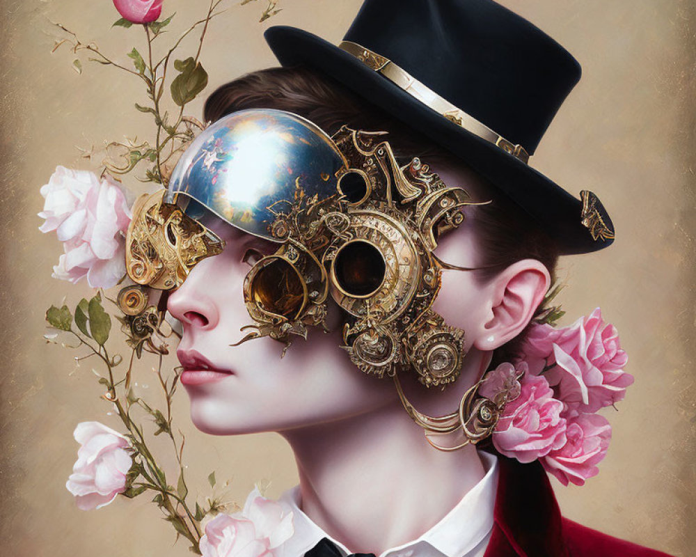 Person in Top Hat with Golden Steampunk Mask and Pink Roses on Beige Background