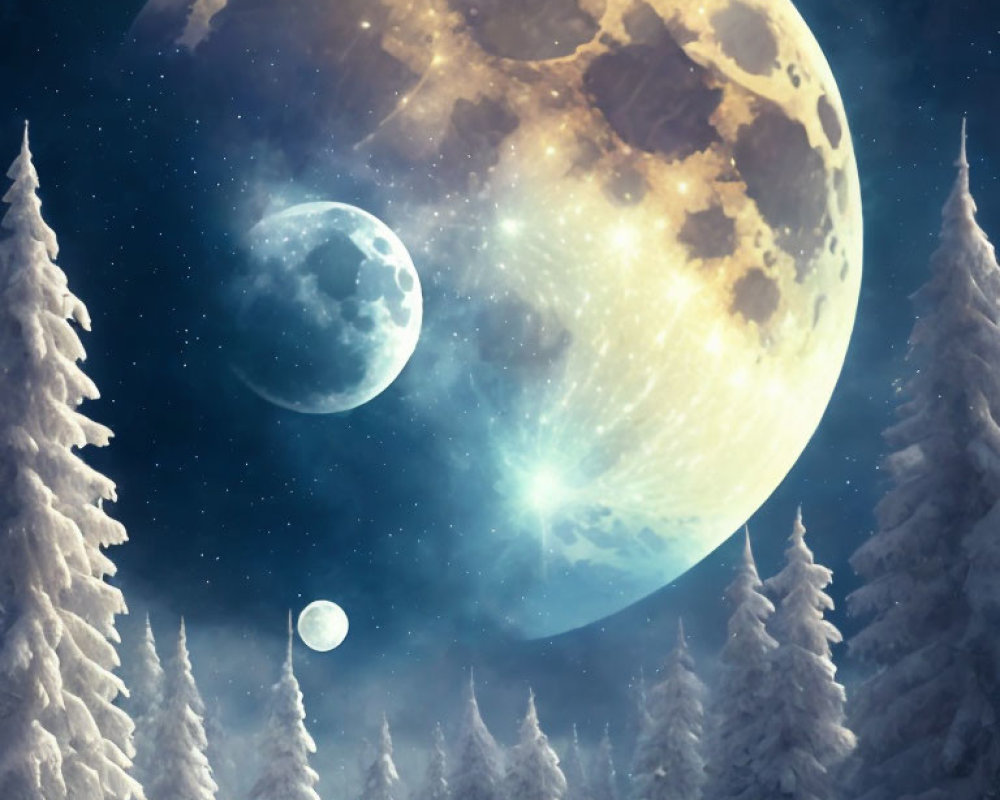 Snowy night landscape with two wolves, towering pines, oversized moon, and stars