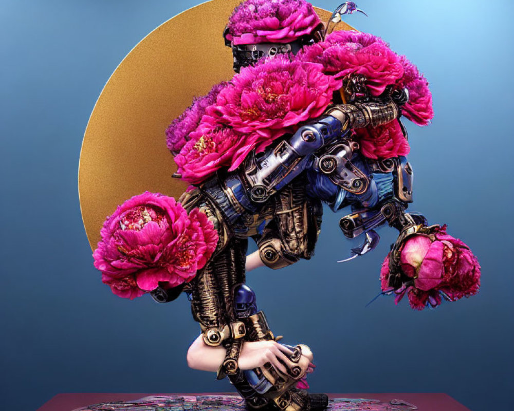 Surreal humanoid robotic figure with pink peonies on teal backdrop