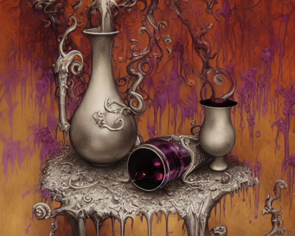 Ornate metallic vases on intricate table with spilled purple liquid on amber backdrop