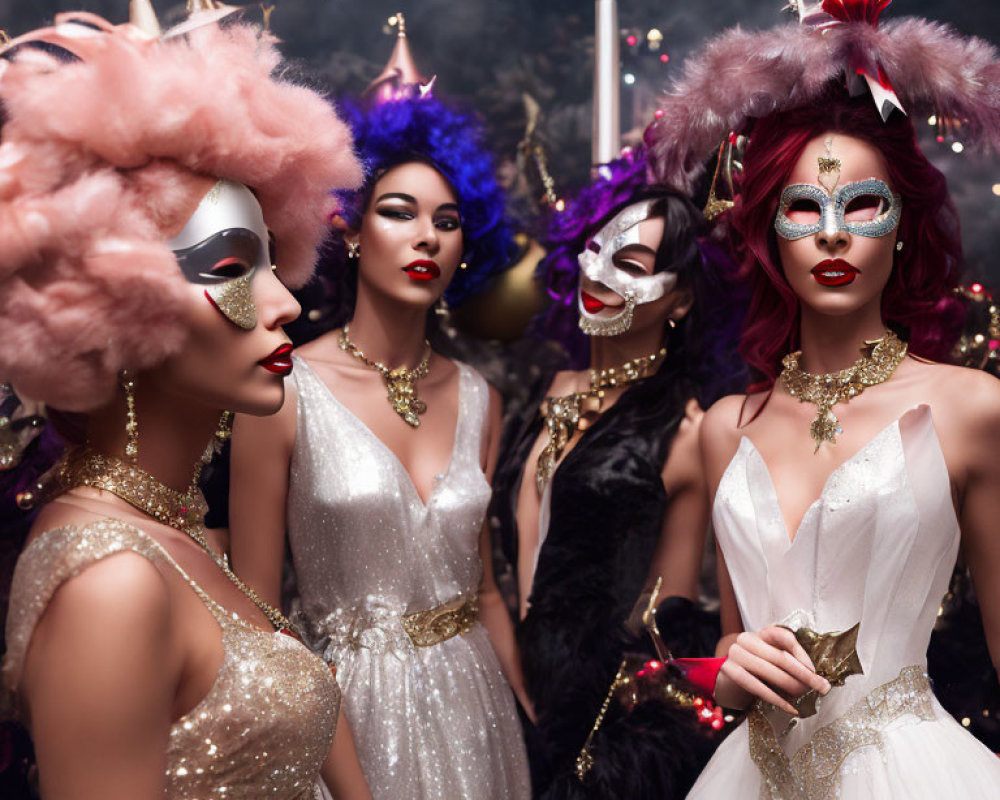 Four women in glamorous masquerade attire with ornate masks, sequined dresses, and colorful w