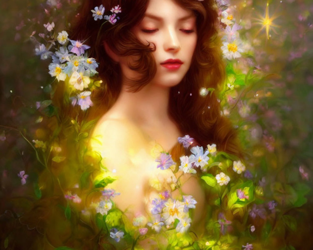 Ethereal portrait of woman with flowers and glowing lights