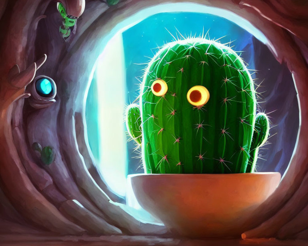 Whimsical painting of cactus with expressive eyes in burrow with fantasy creatures