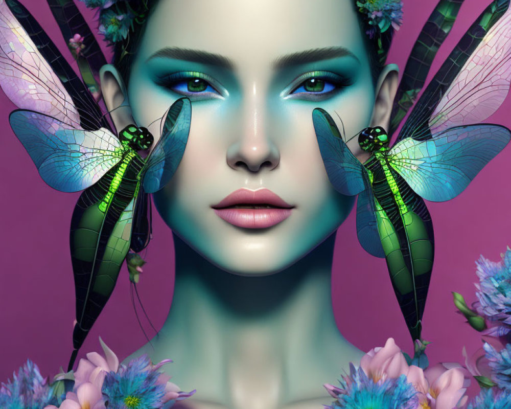 Vibrant digital portrait of a woman with dragonfly wings and flowers