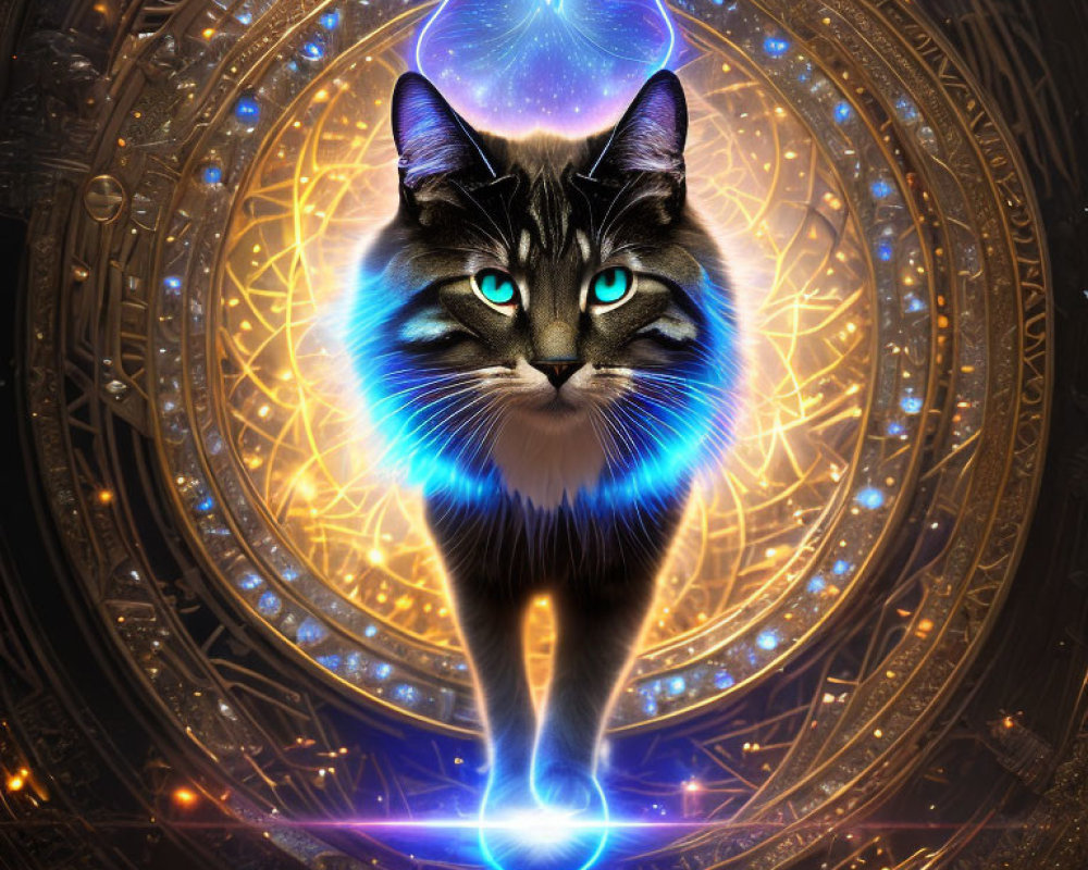 Blue and white mystical cat in cosmic portal with intricate designs