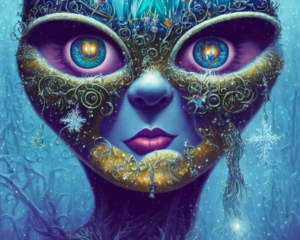 Detailed artwork: Face with purple eyes and golden mask in snowy castle setting