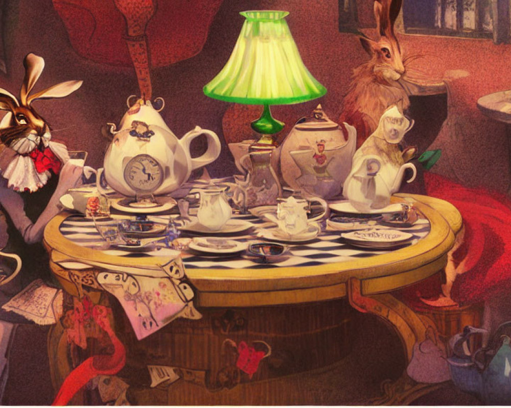 Anthropomorphic rabbit couple at lavishly set tea table with teapots, cups, and playing