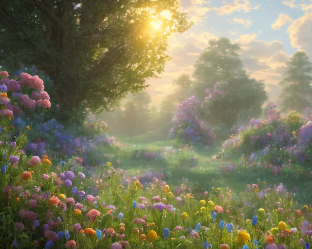 Sunlight illuminates colorful meadow with flowers on misty morning